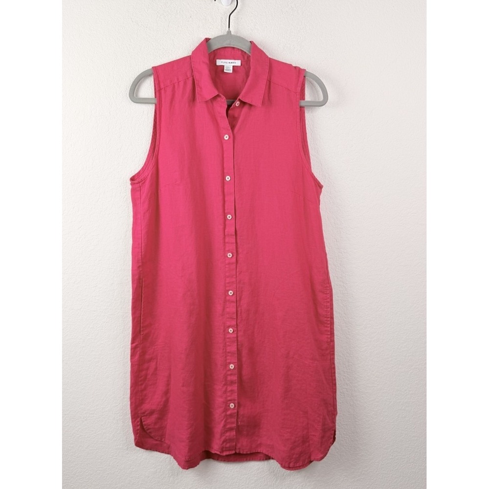 Pure Navy 100% Linen Sleeveless Button Up Shirt Dress Tunic Pink Sz M Coastal